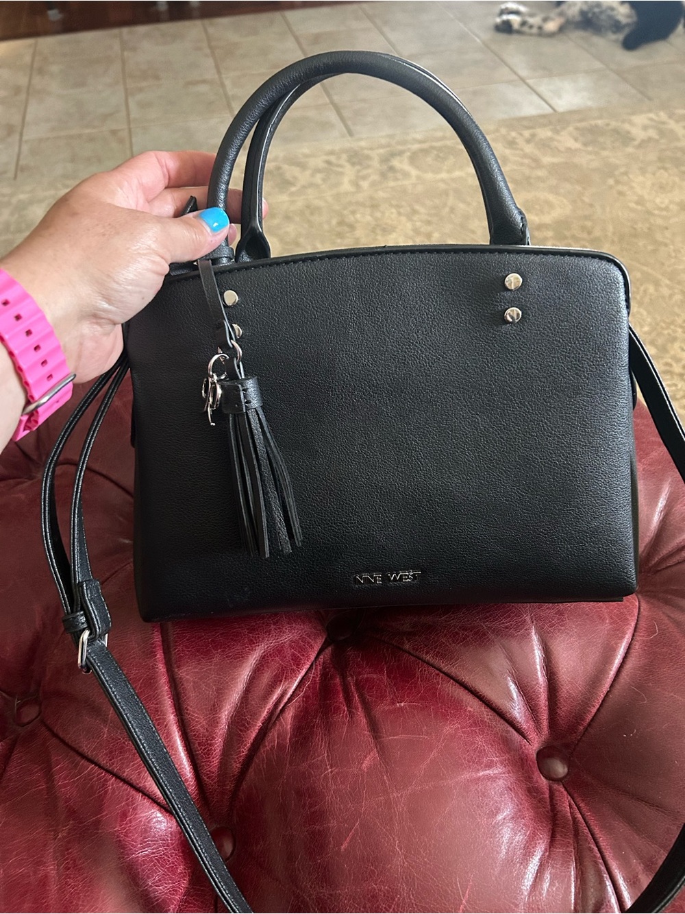 Nine West Black Structured Satchel with Tassel Charm